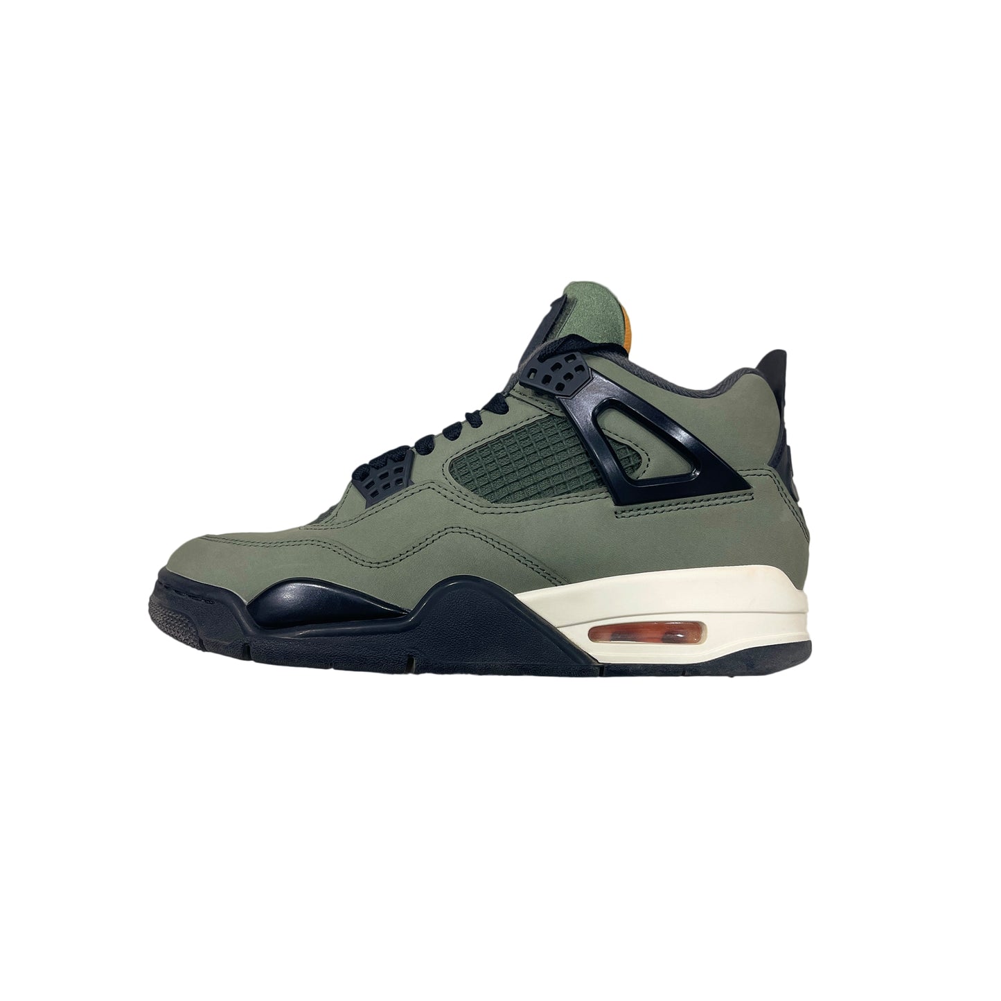 Air Jordan 4 Retro UNDEFEATED Deep Green and Clementine sneaker, green suede with orange accents, side profile view