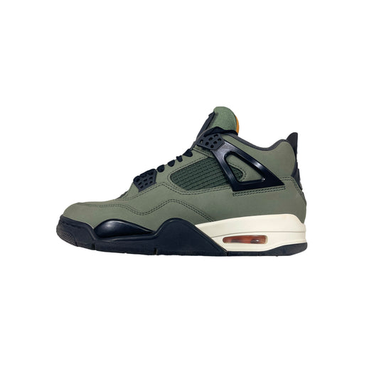 Air Jordan 4 Retro UNDEFEATED Deep Green and Clementine sneaker, green suede with orange accents, side profile view