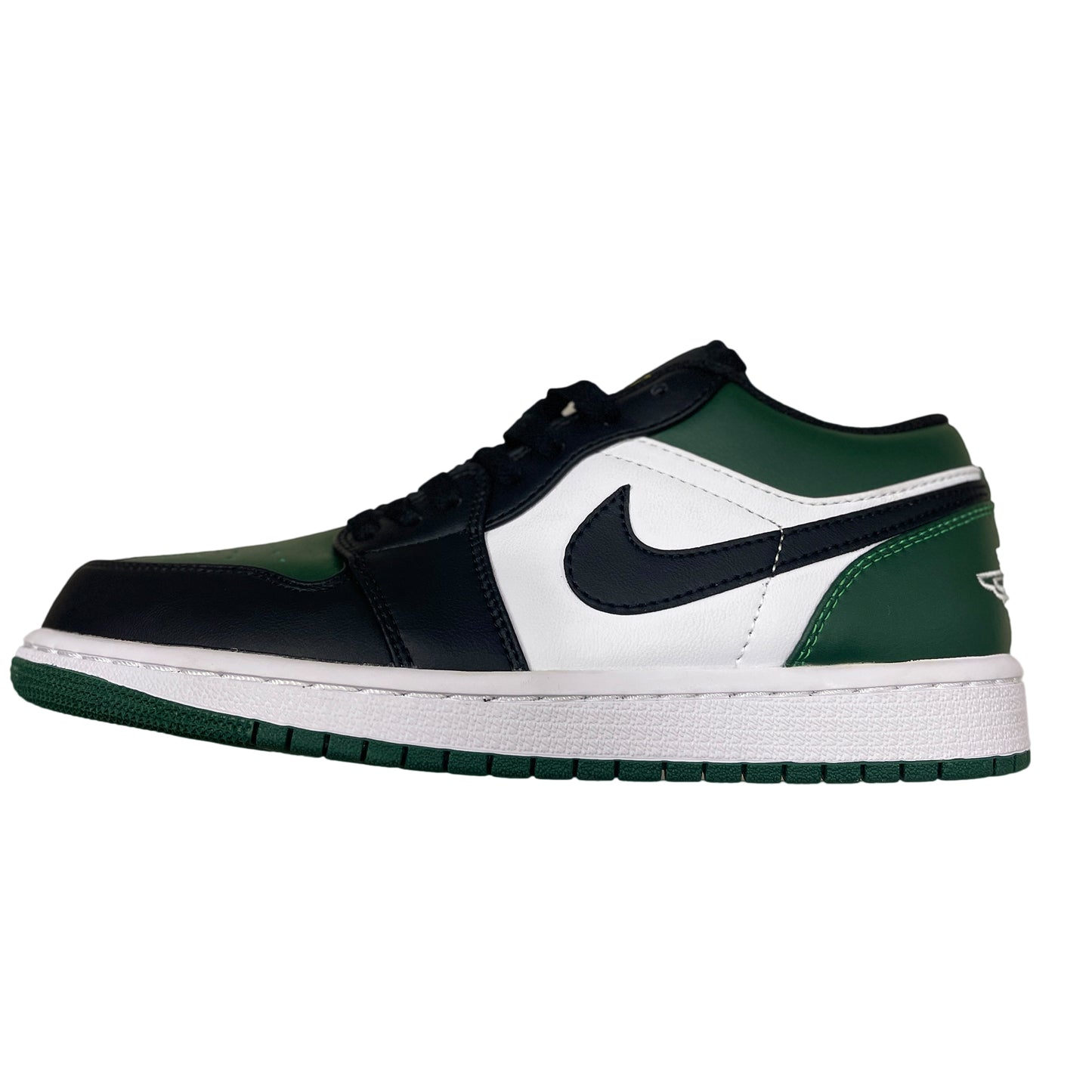 Air Jordan 1 Low Green Toe sneaker, green and black leather with white Swoosh, side profile view