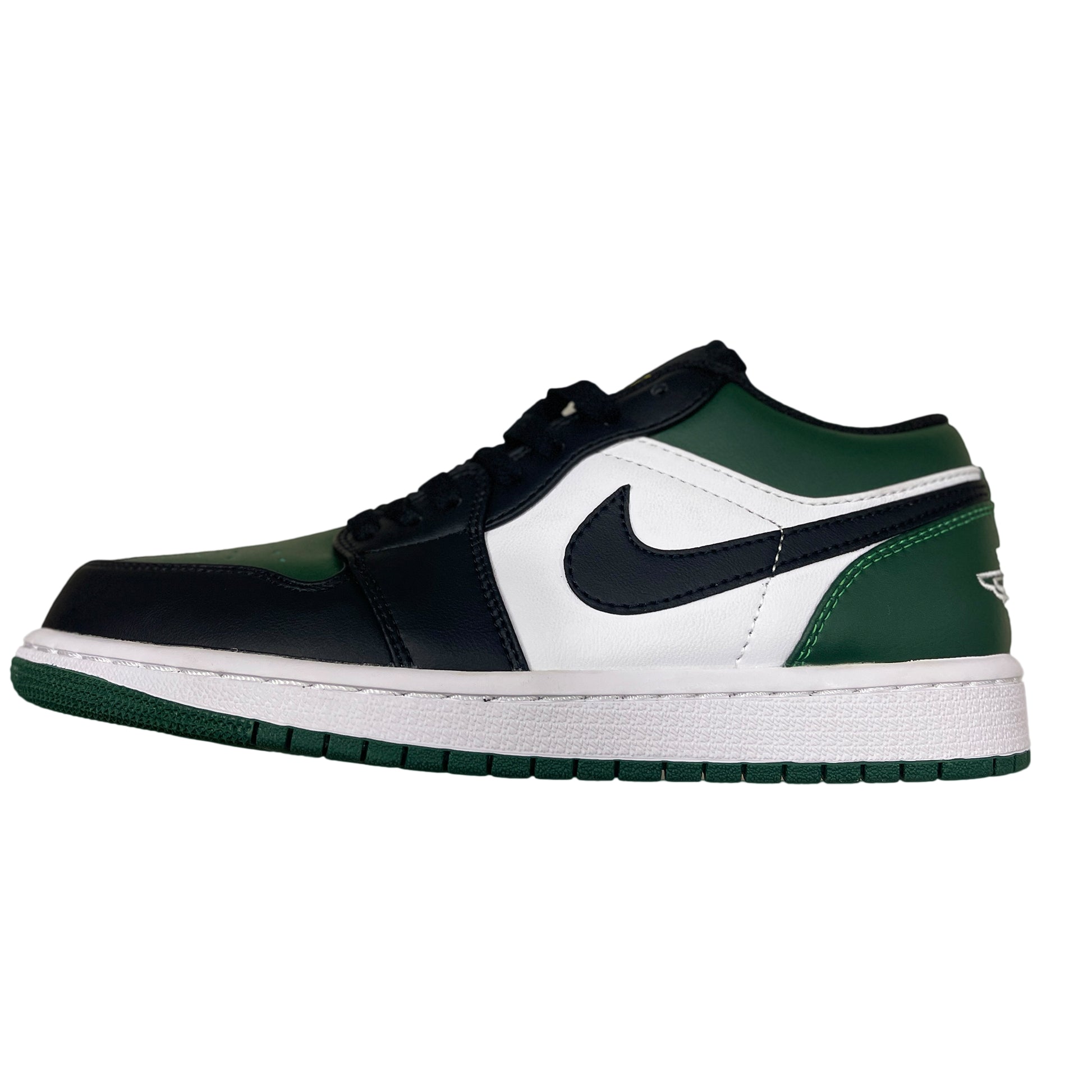 Air Jordan 1 Low Green Toe sneaker, green and black leather with white Swoosh, side profile view