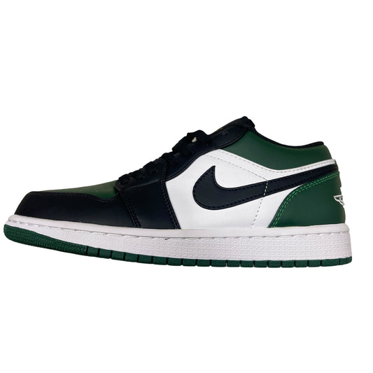 Air Jordan 1 Low Green Toe sneaker, green and black leather with white Swoosh, side profile view