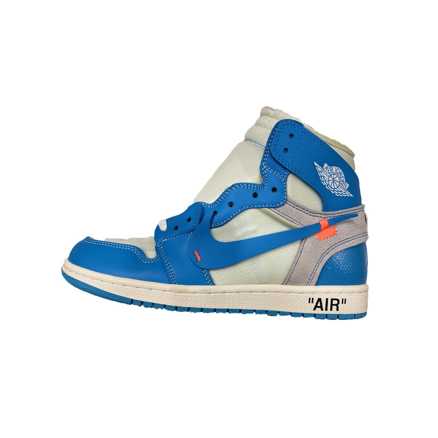 Air Jordan 1 Retro High University Blue Off-White sneaker, deconstructed blue and white leather, side profile view