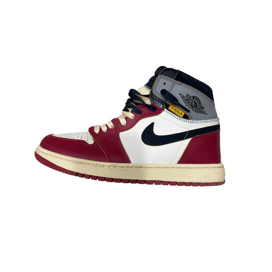 Air Jordan 1 Retro High Chicago Shadow Union LA sneaker, muted deconstructed leather design, side profile view